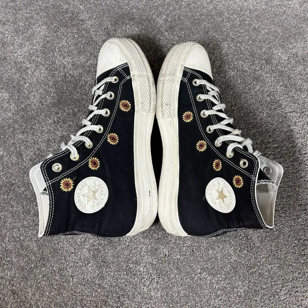 Converse CTAS Lift Hi Women’s Sz 10.5 Black Daisy Sunflower Platform Shoes Used